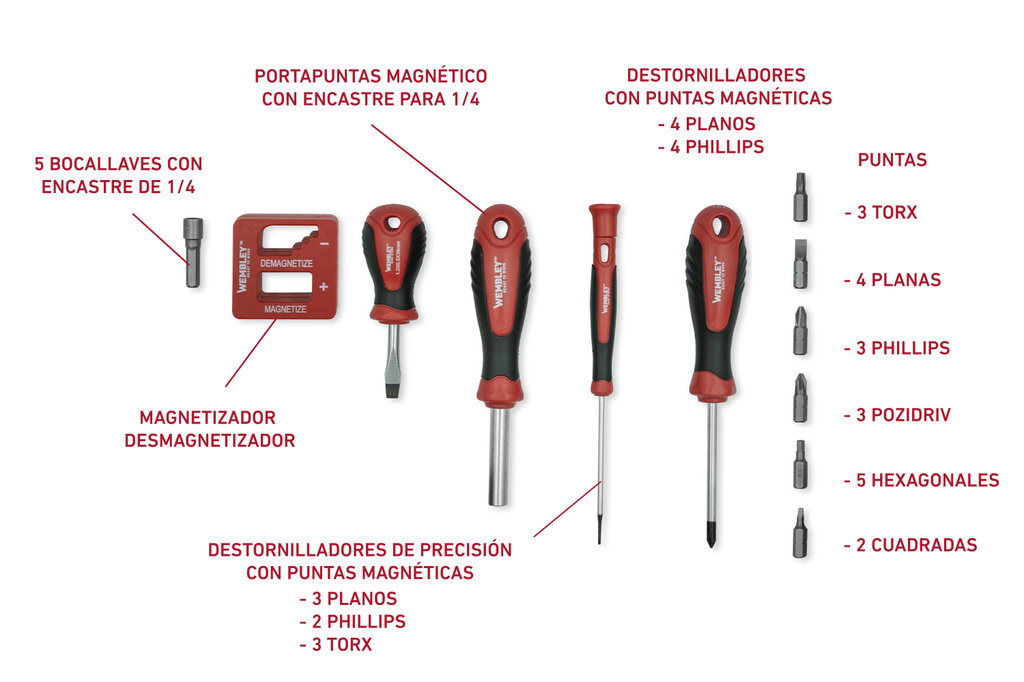 JUEGO DESTORNILLADORES Y PUNTAS 43 pz. WEMBLEY - WE7799