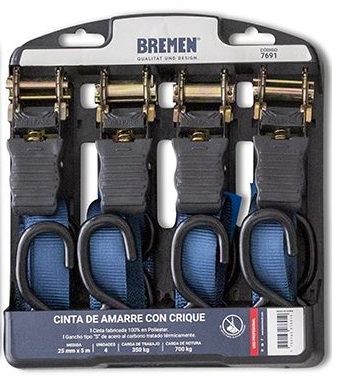 [BR7691] CINTA DE AMARRE CON CRIQUE 25 mm x 5 m 350 kg. (blister x 4 u.) BREMEN® - BR7691
